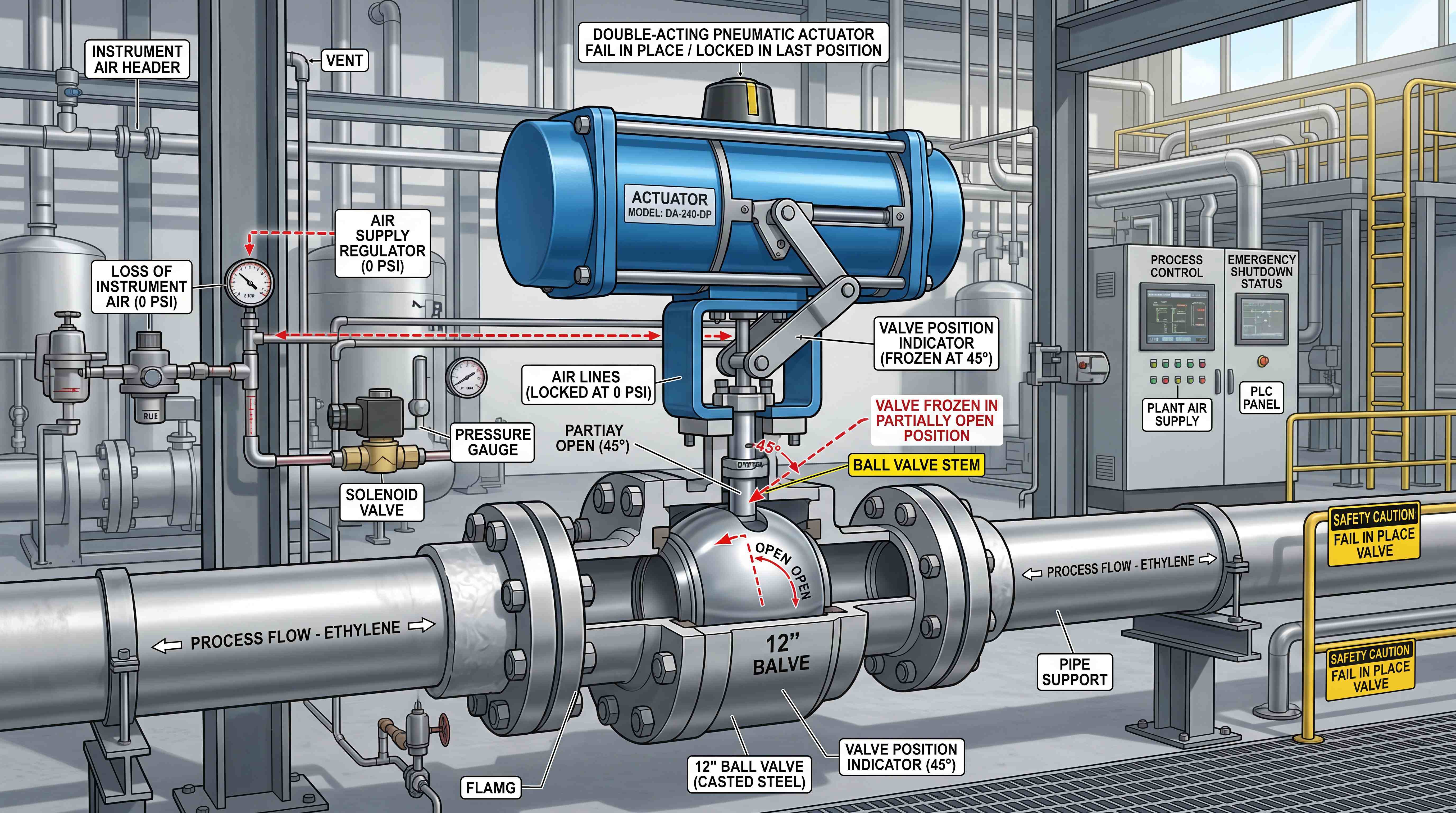 Double acting pneumatic actuator fail in place scenario with valve locked in last position during instrument air loss